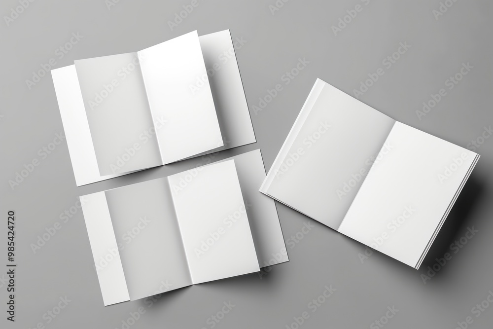 Poster blank brochures on grey background, open and closed, design mock-up. top view of empty booklets, cor