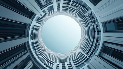 Fototapeta premium A stunning upward view of a modern architectural structure, showcasing sleek lines and a vibrant sky framed by circular design.