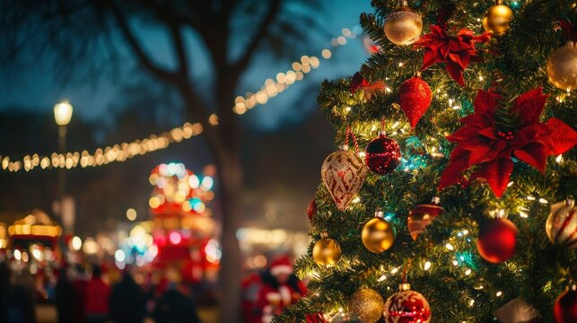 A classic evergreen Christmas tree adorned with traditional red and gold ornaments, set against a background of a bustling Christmas parade with colorful floats, marching bands, and cheering crowds.