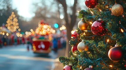 attractive  view of A classic evergreen Christmas tree adorned with traditional red and gold ornaments.