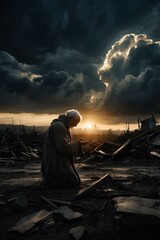 Fototapeta premium Prayer in the Apocalypse: A Fragile Soul Meets Divine Light in a Devastated Landscape