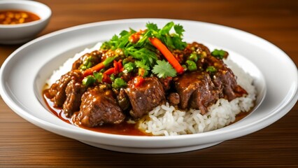 Fototapeta premium Delicious Asianinspired beef and rice dish ready to be savored