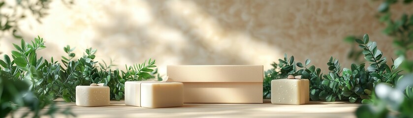 A tranquil scene featuring wooden blocks surrounded by lush greenery, perfect for showcasing products or creating a peaceful ambiance.