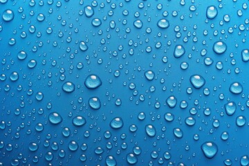 Single water drop on blue background. Transparent, fluid, hydrating liquid with clear surface. Group of water droplets on flat, top view. Splash of water, moisture, dew, condensation. Abstract