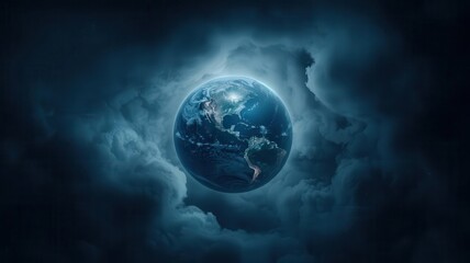 Fototapeta premium Storm clouds swirling around a glowing Earth, visualizing the raw power of nature, dramatic lighting, highresolution environmental concept