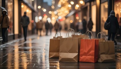 Obraz premium A group of shopping bags on a wet city street at night, with blurred lights and people in the background.
