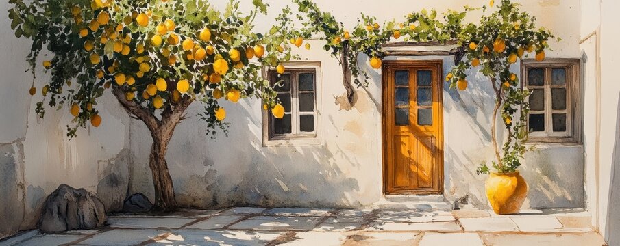 Fototapeta Watercolor of Lemon tree in Traditional greek Santorini house with bougainvillea flowers,Greece islands blue white traditional cafe restaurant architecture,Santorini blue door window,Mediterranean.