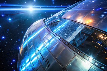 Futuristic building with glowing lights under a starry sky.