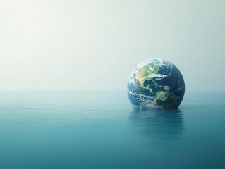 Fototapeta premium Aerial view of Earth halfsubmerged in water, blending continents with ocean, photorealistic textures, climate impact concept