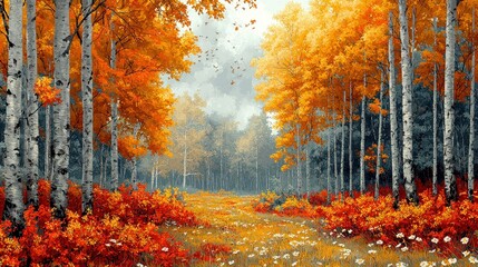 Fototapeta premium Autumn Birch Forest Path with White Flowers and Golden Leaves