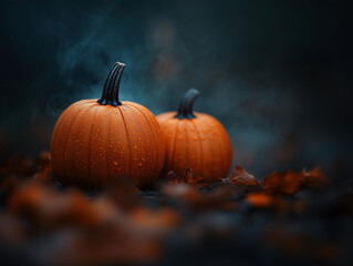 Halloween Pumpkins with Soft Lighting and Blurred Focus on a Dark Background, Creating an Eerie and Mysterious Atmosphere with Depth of Field Effect in Orange Tones