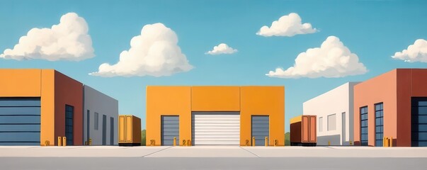 A vibrant illustration of modern warehouses with colorful exteriors under a clear blue sky and fluffy clouds.