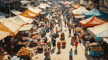 A vibrant market scene filled with colorful stalls, people shopping, and fresh produce under bright canopies.