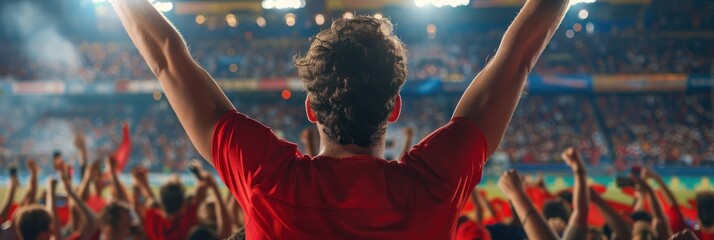Soccer players in red jerseys celebrate victory on grassy field with cheering fans in large stadium. Elevated view captures dynamic moment of sport event.