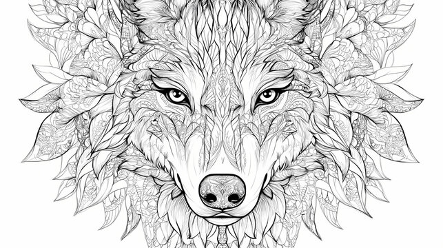 Black and white line art of a detailed wolf mandala suitable for coloring books. Mandala. Illustration