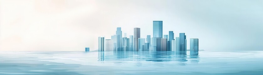 City sinking into water, rising sea levels, flat design illustration