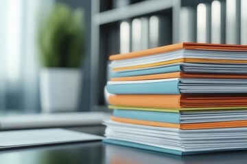 A vibrant stack of organized documents with colorful covers, set against a modern office background with greenery.
