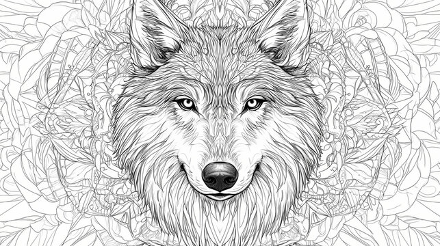 Black and white line art of a detailed wolf mandala suitable for coloring books. Mandala. Illustration