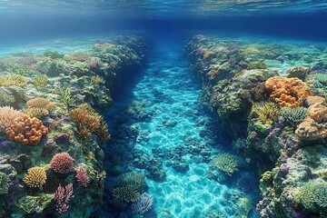 Produce a dynamic birds-eye view of a vibrant coral reef teaming with marine life, digitally rendered with photorealistic precision for licensing