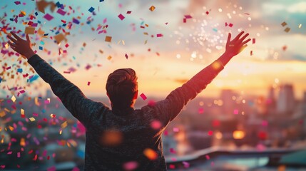 A joyful man celebrates at sunset, surrounded by vibrant confetti, arms raised in triumph.