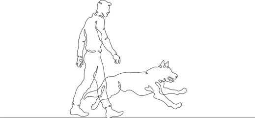 Continuous one line drawing man walking with dog. Young man walking with pet. Domestic animals. Running dog. One continuous line isolated minimal illustration.
