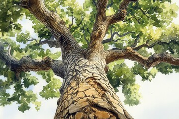 A vibrant view of a majestic tree from ground level, showcasing its textured bark and lush, green leaves against a clear sky.