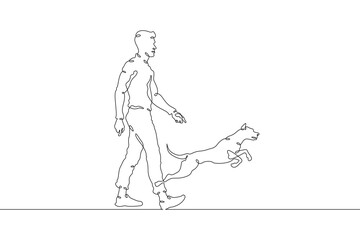Continuous one line drawing man walking with dog. Young man walking with pet. Domestic animals. Running dog. One continuous line isolated minimal illustration.