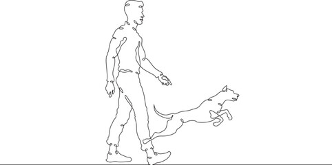 Continuous one line drawing man walking with dog. Young man walking with pet. Domestic animals. Running dog. One continuous line isolated minimal illustration.