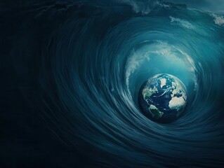 Earth resting in the palm of a giant wave, water swirling around the globe, symbolizing the power and fragility of the environment, surreal art