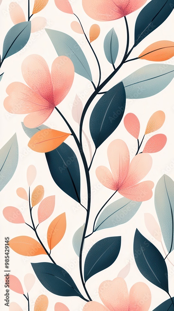 Sticker Abstract Floral Pattern with Peach and Blue Leaves.