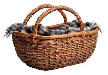 Obraz premium A wicker basket containing a blue and white plaid blanket, elegantly arranged for a cozy picnic setting.