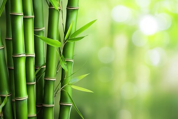 Close-up of green bamboo stems on blurred background. Space for text or logo. Fresh, natural, and calming image of bamboo. Asian-inspired design element for wellness, spa, and eco-friendly branding.