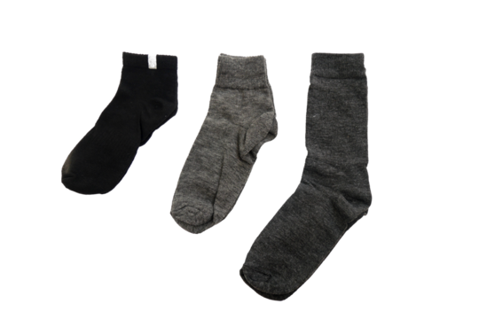 Three pairs of socks, one black and two gray, laid out on a white background. Socks are arranged in order of size from small to large