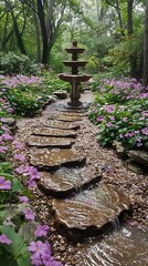 Peaceful garden with a stone pathway blooming flowers and a small fountain surrounded by greenery