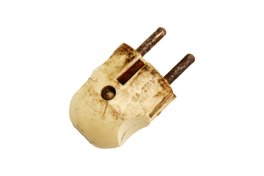 The power plug is old and worn, the casing is stained and cracked, the metal tip is rusty and dull.
