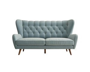 Fototapeta premium Elegant light blue velvet sofa with tufted upholstery and wooden legs