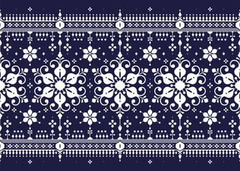 White symbol floral on dark blue background, ethnic fabric seamless pattern, oriental design for cloth, carpet, batik, wallpaper, wrapping etc.