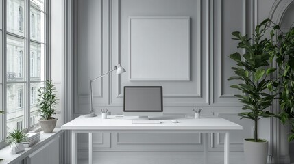 Fototapeta premium Minimalist Home Office Desk with Computer Plants and Mockup Frame