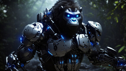 Naklejka premium This is a robot gorilla in a dark jungle.