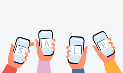 Online Sale banner, sale offers templates. human hand holding mobile showing sale banner. flat vector illustration.
