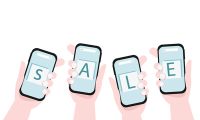 Online Sale banner, sale offers templates. human hand holding mobile showing sale banner. flat vector illustration.
