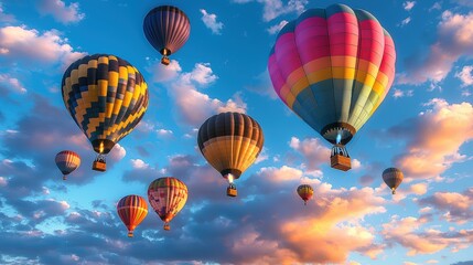 Fototapeta premium Colorful Hot Air Balloons Flying in a Blue Sky with Clouds