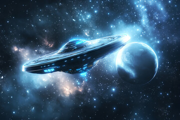 Obraz premium Alien Spaceship 3d Icon Illustration. Alien Spaceship Satellite, Planet And Stars