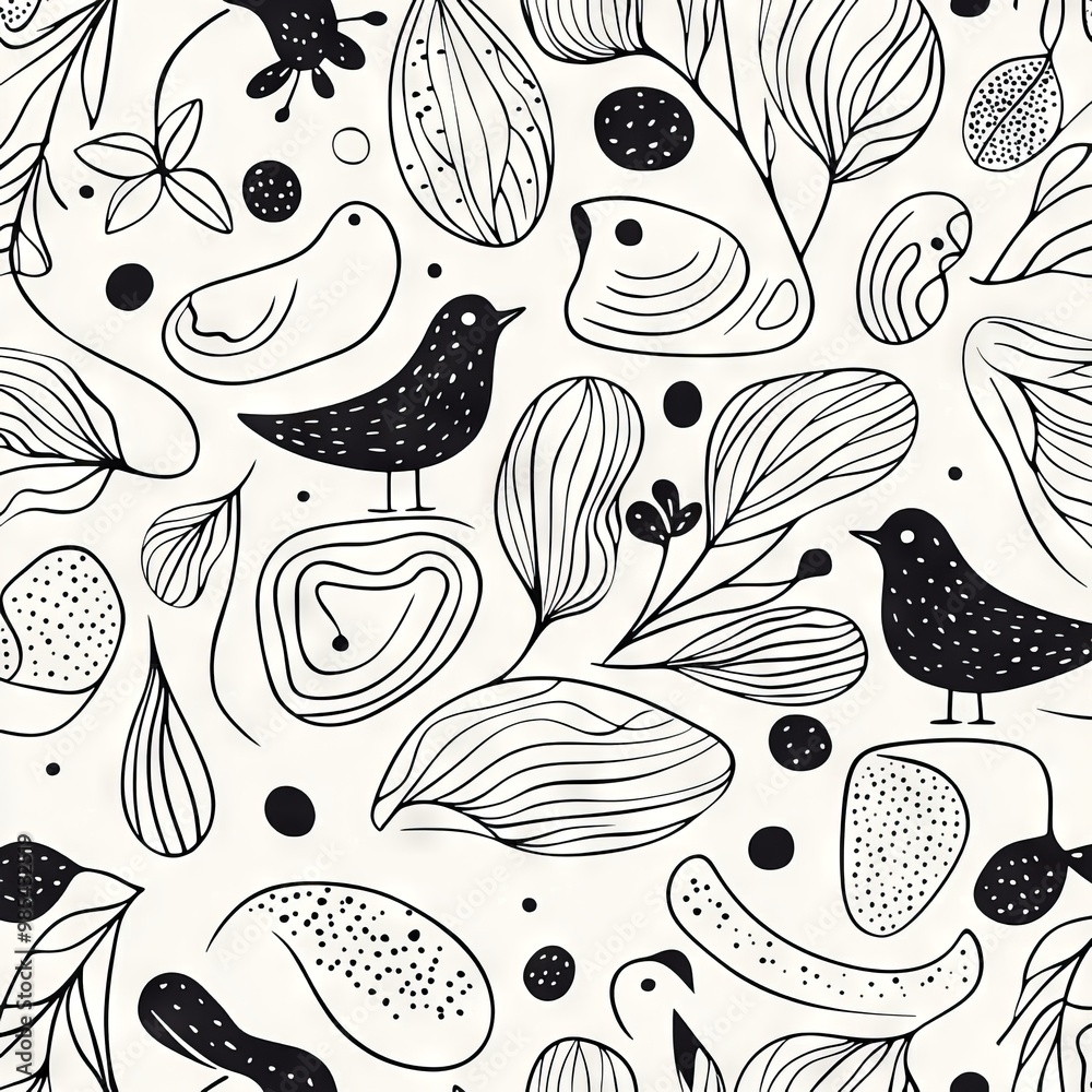 Wall mural pattern of abstract birds drawn continuously in one line