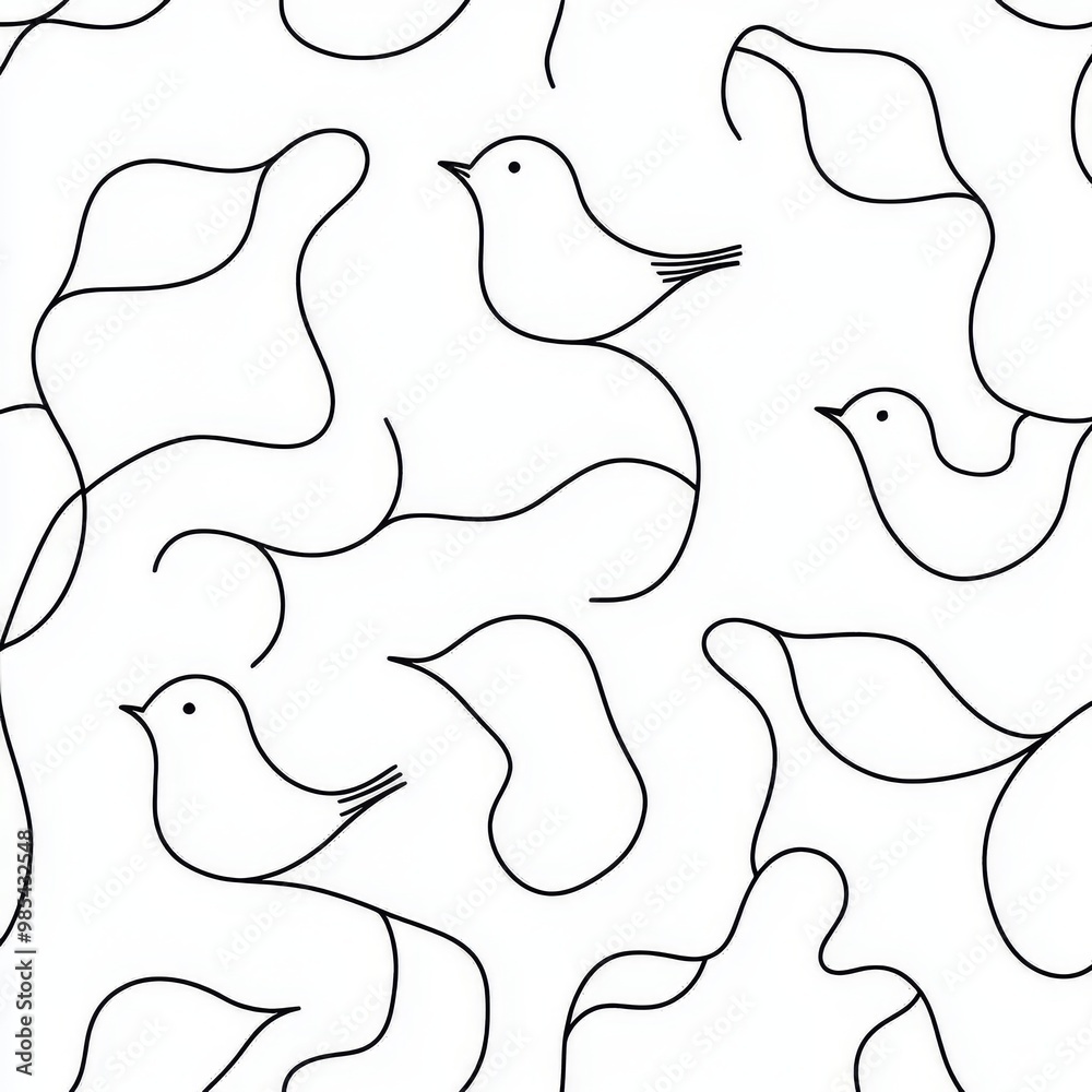 Wall mural drawing of abstract birds in a continuous one line pattern