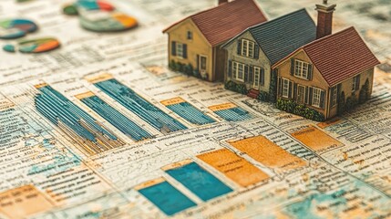 Obraz premium Miniature Houses on Vintage Financial Charts and Graphs