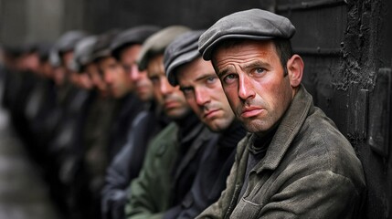 Obraz premium A long line of laborers waiting outside a factory, their faces reflecting hopelessness and anxiety