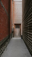 Narrow Alley Between Brick and Wooden Buildings Leading to a Wooden Door