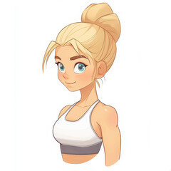 A stunning blonde fitness trainer in a white bra, designed in a modern flat art style with vibrant textures.