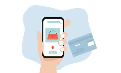 Online shopping on mobile phone concept, Human hand holding mobile phone. Digitally pay by UPI and  bank cards.Buy Clothing, shoes and other accessory through smart phone. flat vector illustration.